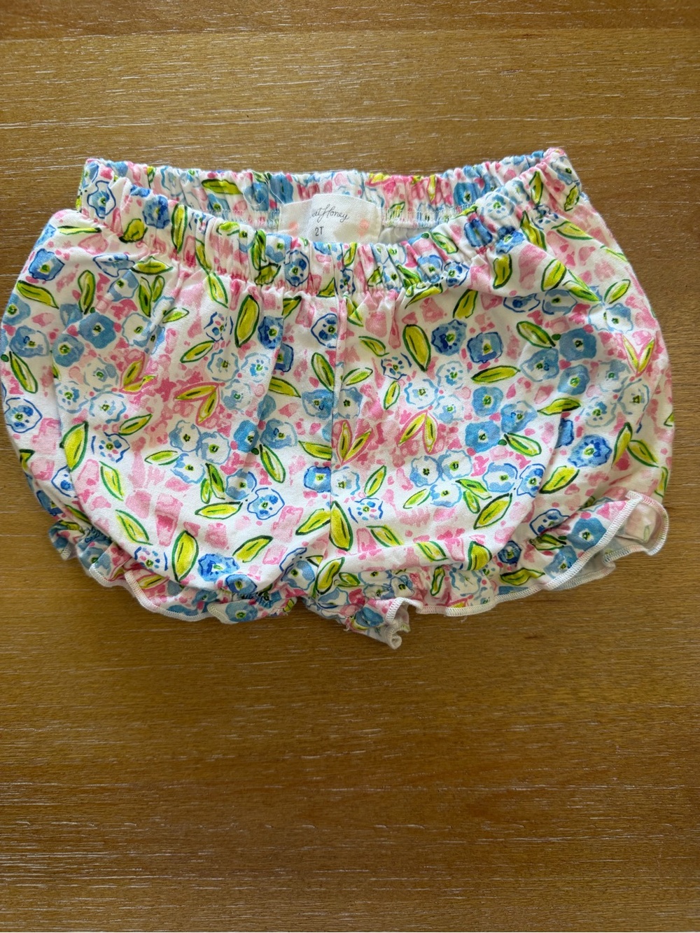 SweetHoney Pink Floral Elastic-Waist Bloomers with Blue Flowers